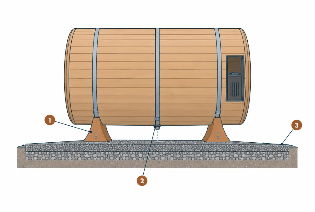Diagram: side view of a barrel sauna resting on two wooden cradles on a level gravel pad, with an air gap under the staves, a small drain opening at the lowest point and the pad extending beyond the barrel
