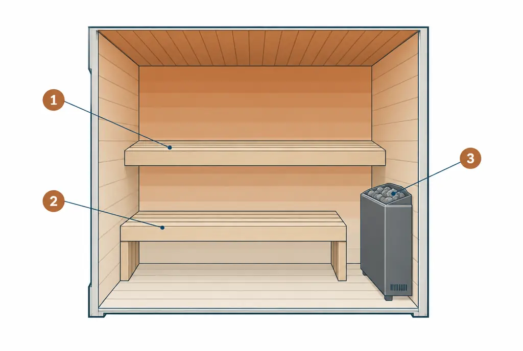 Diagram: side cutaway of a cabin sauna with an upper and a lower bench, shaded bands showing air temperature rising from floor to ceiling, and the heater stones at the level of the lower bench