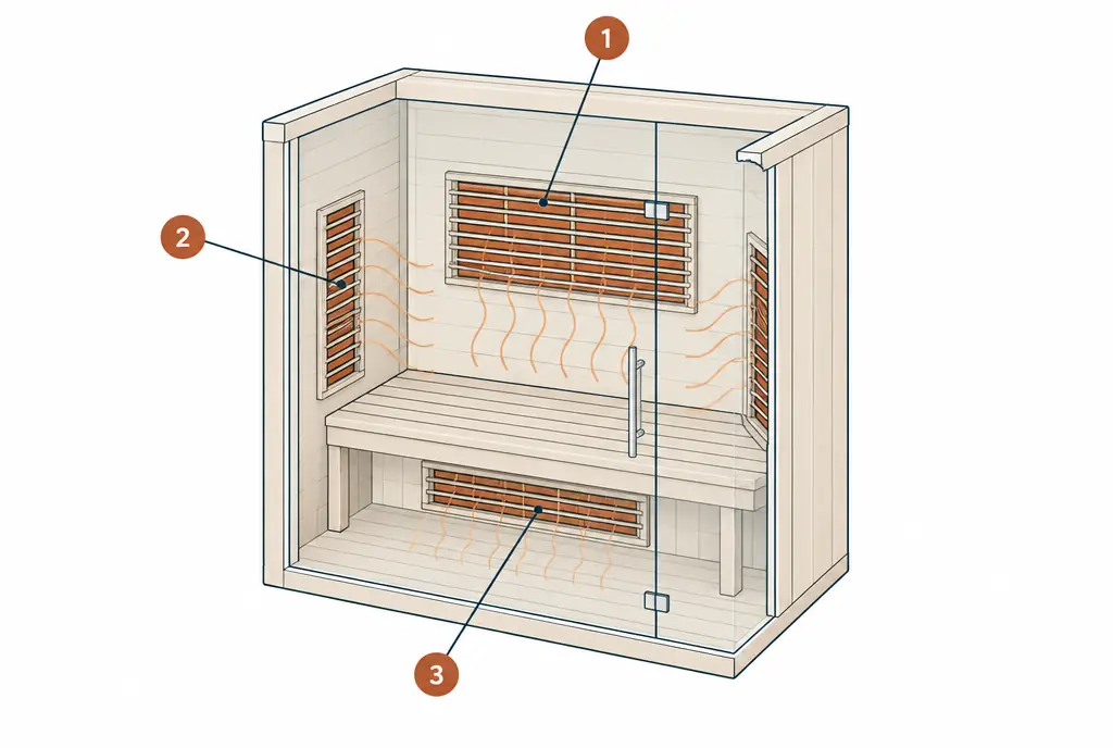 Diagram: cutaway of an infrared sauna cabin with emitter panels on the back wall behind the bench, on the side walls, and low under the bench at leg height
