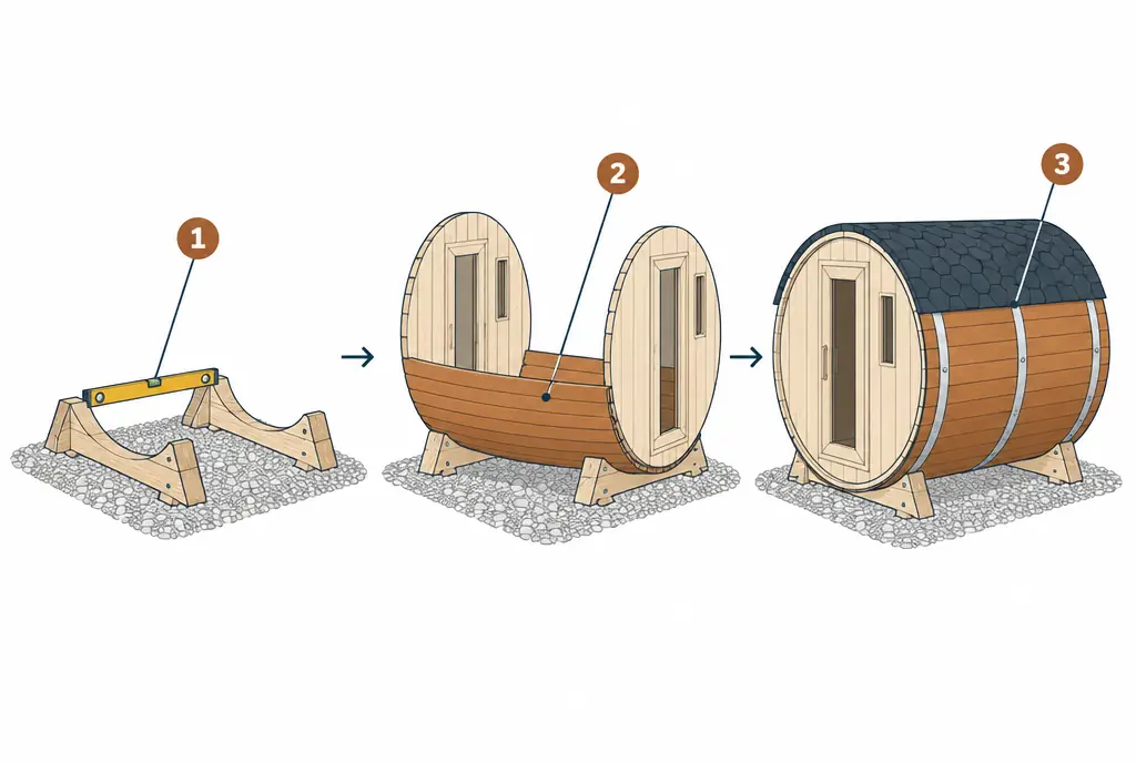 Diagram: three stages of a barrel sauna kit assembly, cradles leveled on a pad, staves fitted around the end walls, and steel bands tightened with the roof cover on