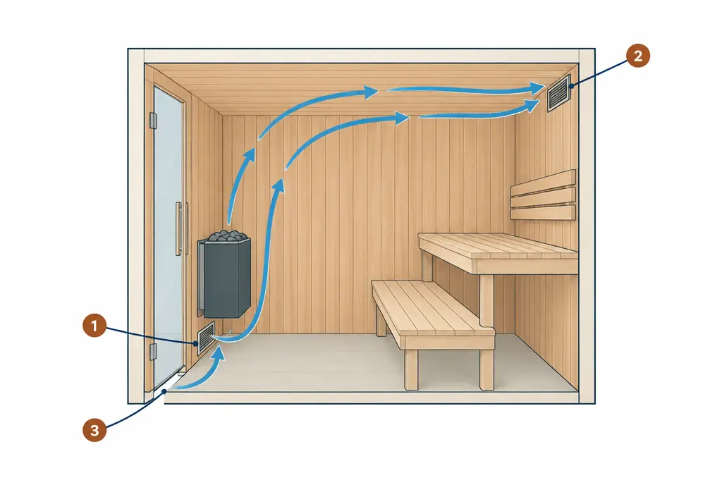 Diagram: side cutaway of a sauna room with a fresh-air inlet low near the heater, an outlet on the opposite wall, a gap under the door, and arrows showing air moving across the room