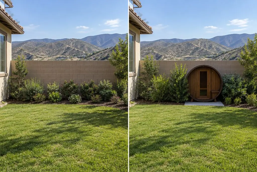 Illustration: split view of a Westridge backyard with a view wall, a planting bed at the low end of the yard on the left and a dark-stained barrel sauna on a small concrete pad screened by shrubs below the wall line on the right