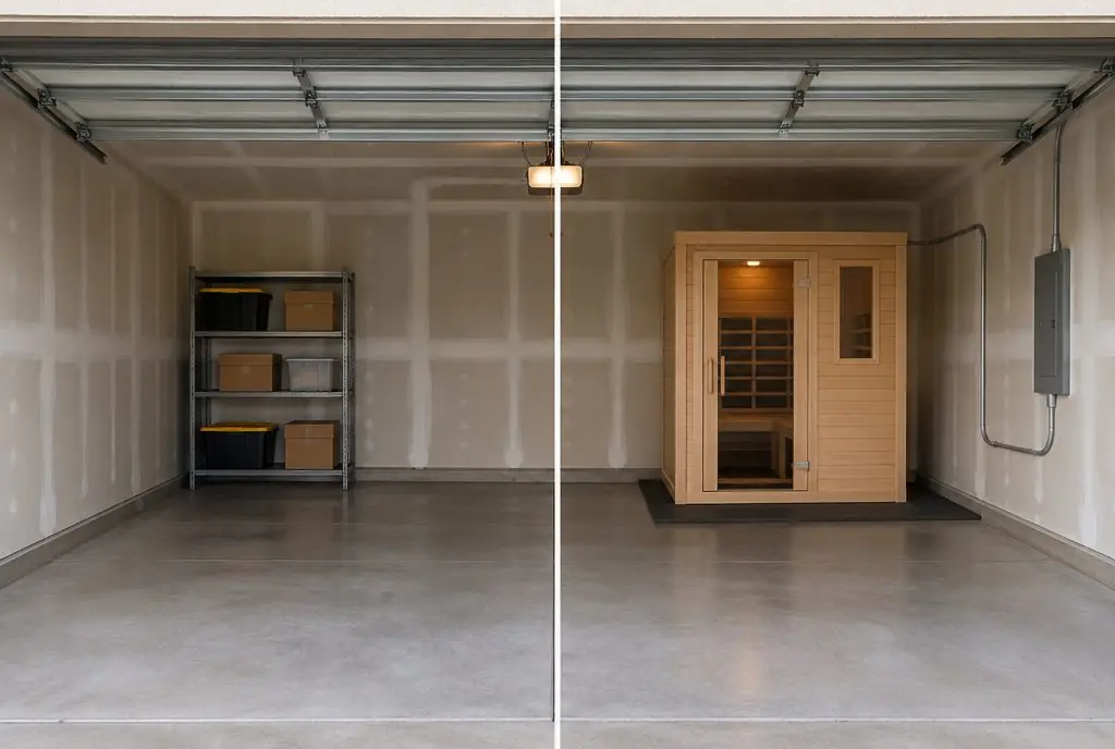 Illustration: split view of a townhome garage, a bare back wall with storage shelves on the left and a compact wooden infrared sauna cabin with a glass door against the same wall on the right