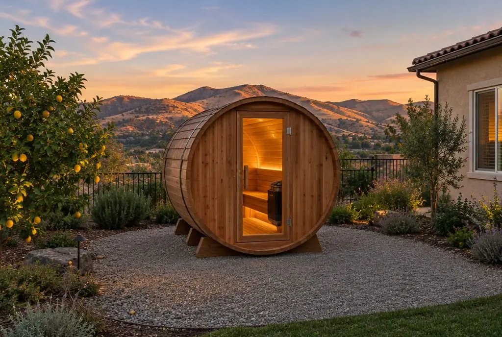 Illustration: a cedar barrel sauna on a gravel pad in a Santa Clarita back yard at dusk, warm light in the glass door
