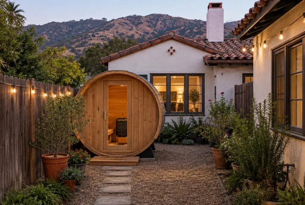 Illustration: a home sauna in a typical Newhall yard