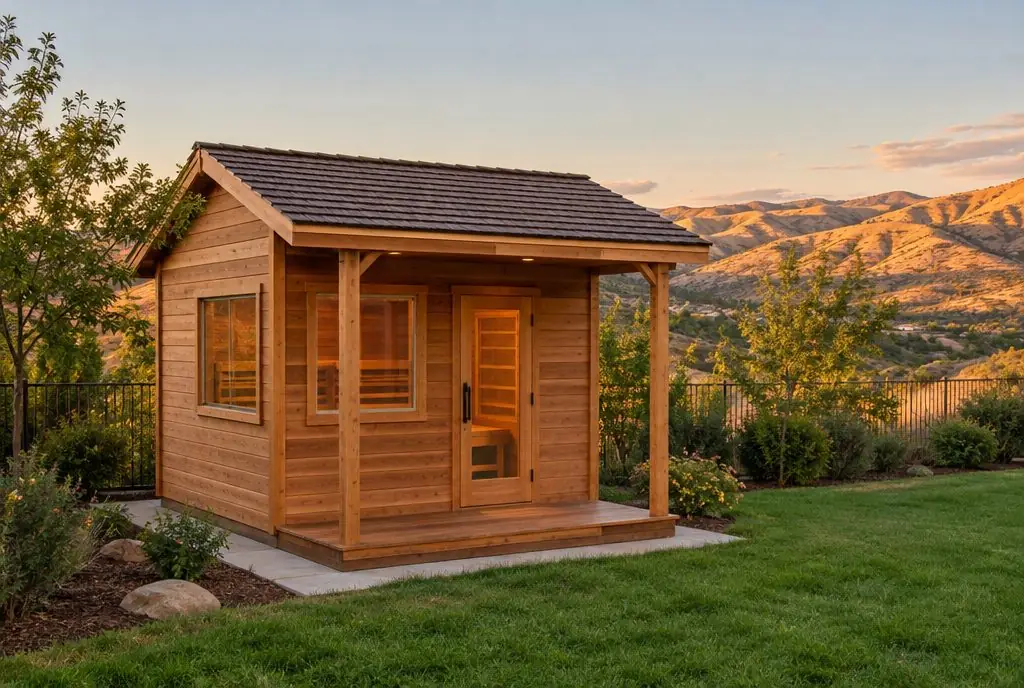 Illustration: a square cedar cabin sauna with a small covered porch and a window on a concrete pad beside a back-yard lawn